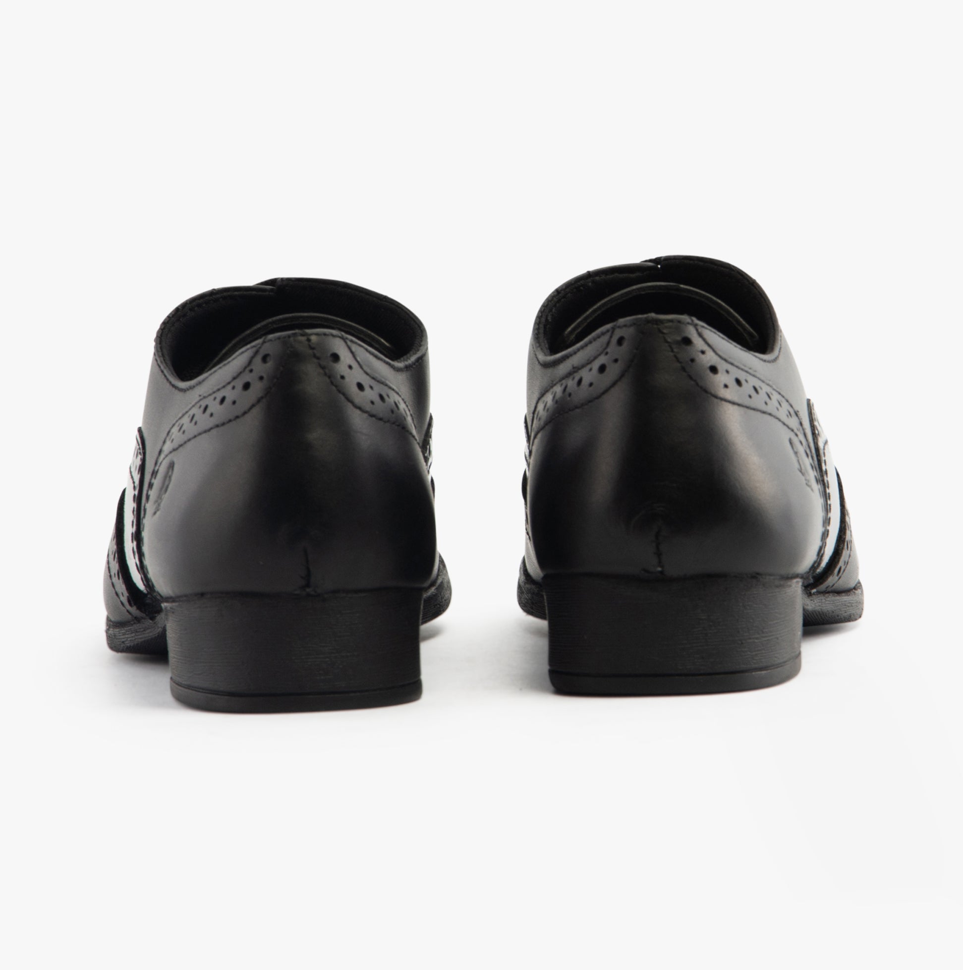 Hush Puppies KADA Girls Leather School Shoes Black rear view with a focus on the patent leather finish.
