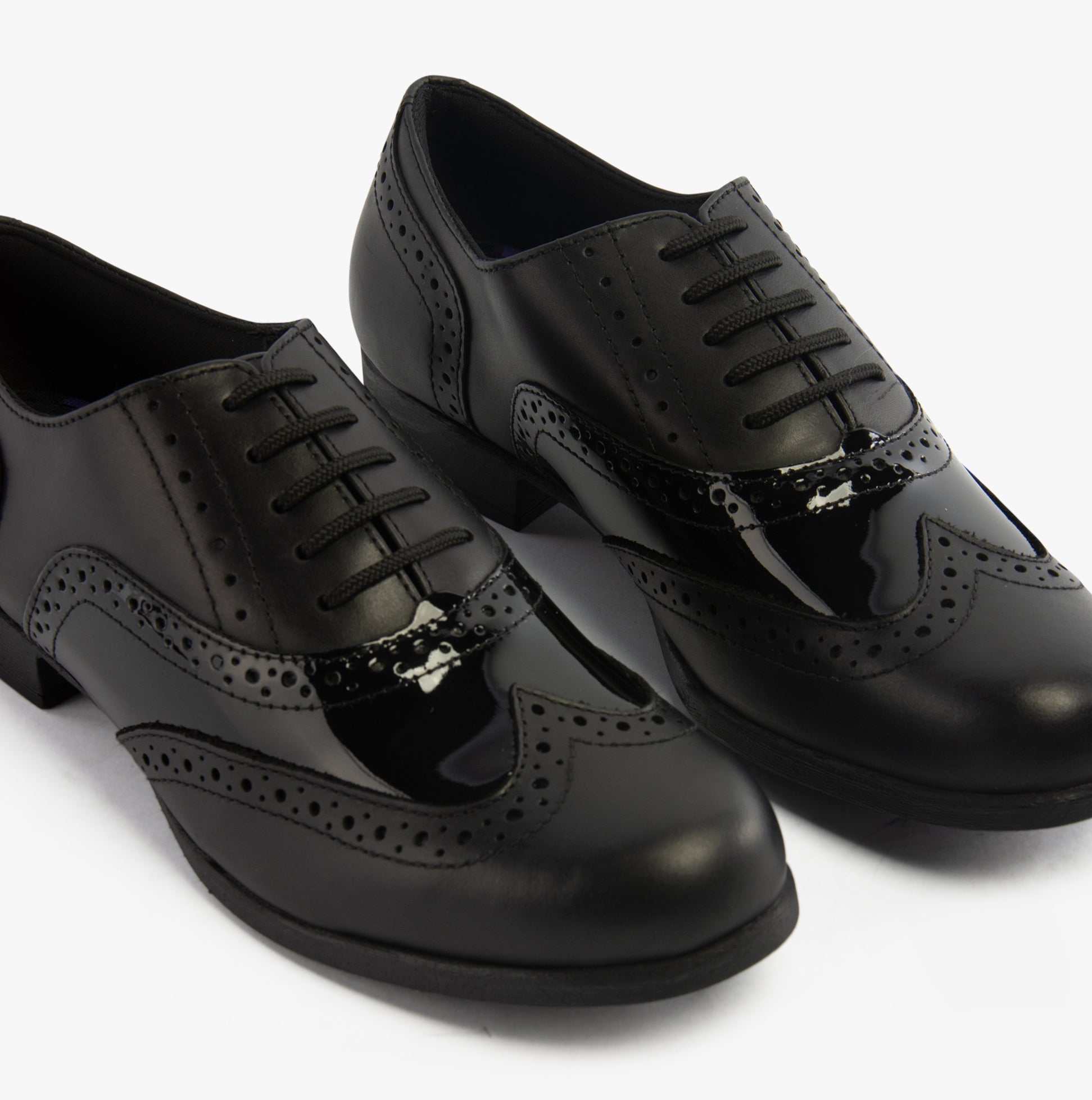 Hush Puppies KADA Girls Leather School Shoes Black, side view showcasing patent leather and lace-up design.