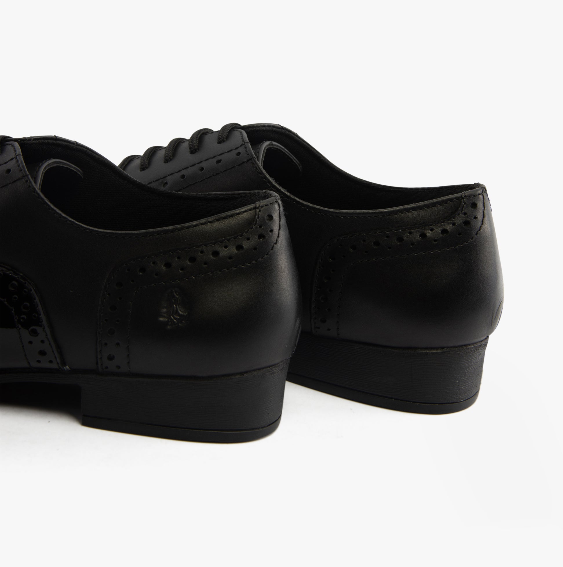 Hush Puppies KADA Girls Leather School Shoes Black back view showcasing stylish patent leather design.