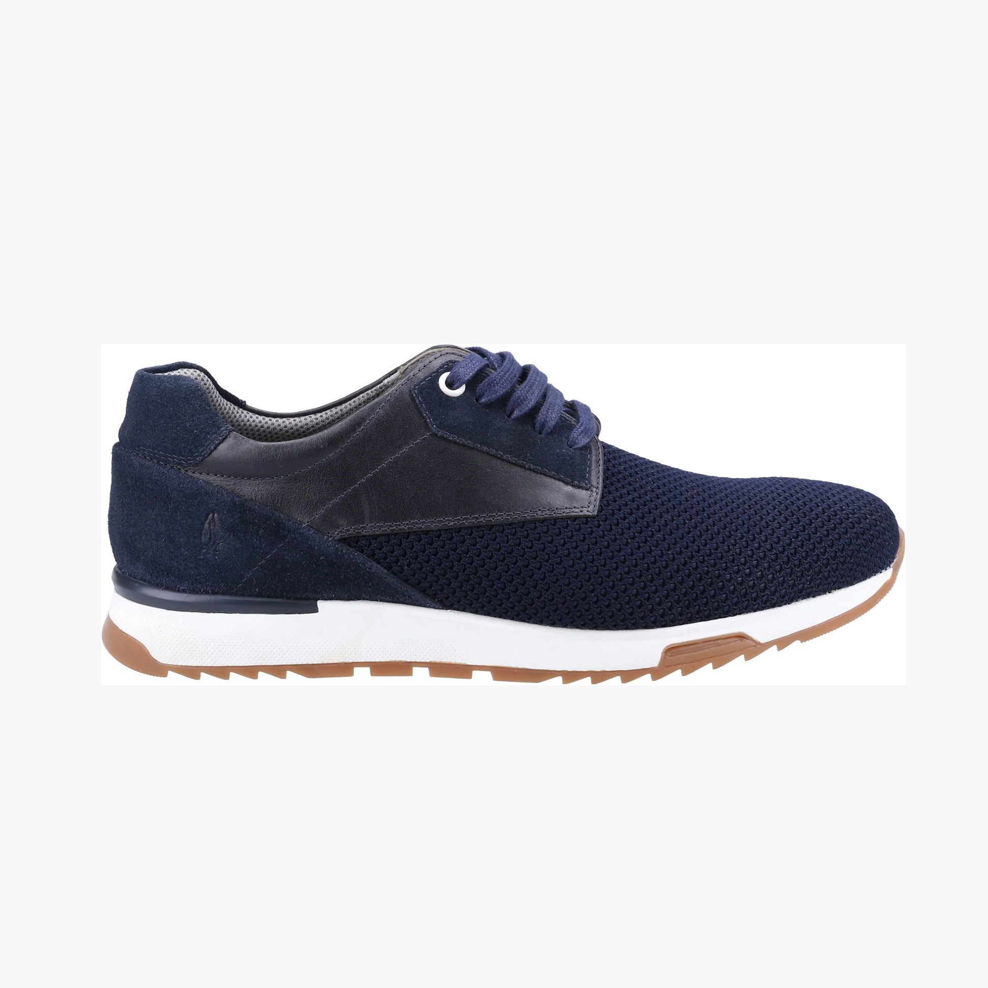 Hush Puppies SIMON Mens Trainers Navy side view showcasing leather and suede upper, lace-up design, flat heel.