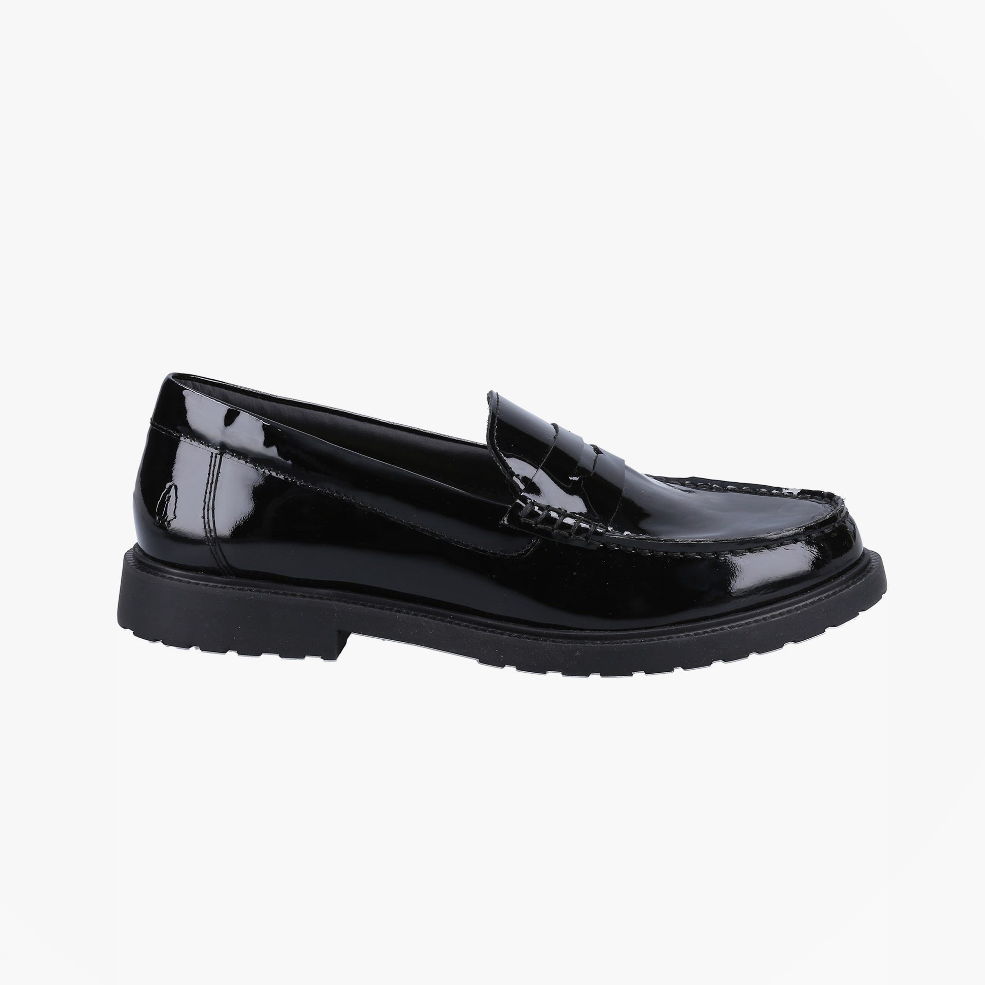 Hush Puppies VERITY SLIP ON Womens Loafer Shoes Patent Black side view showing glossy upper and flexible outsole.