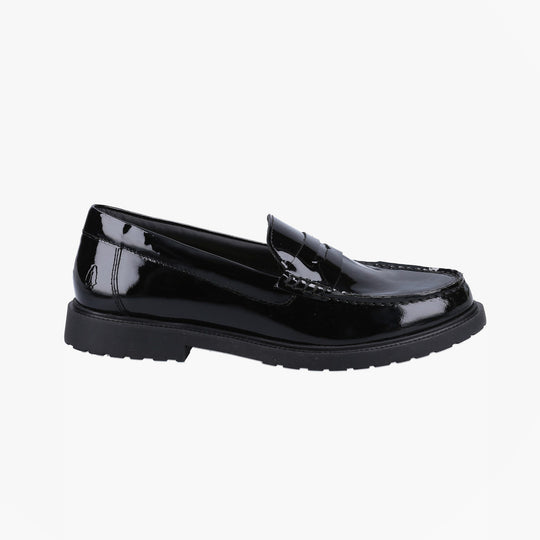 Hush Puppies VERITY SLIP ON Womens Loafer Shoes Patent Black side view showing glossy upper and flexible outsole.