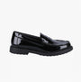 Hush Puppies VERITY SLIP ON Womens Loafer Shoes Patent Black side view showing glossy upper and flexible outsole.