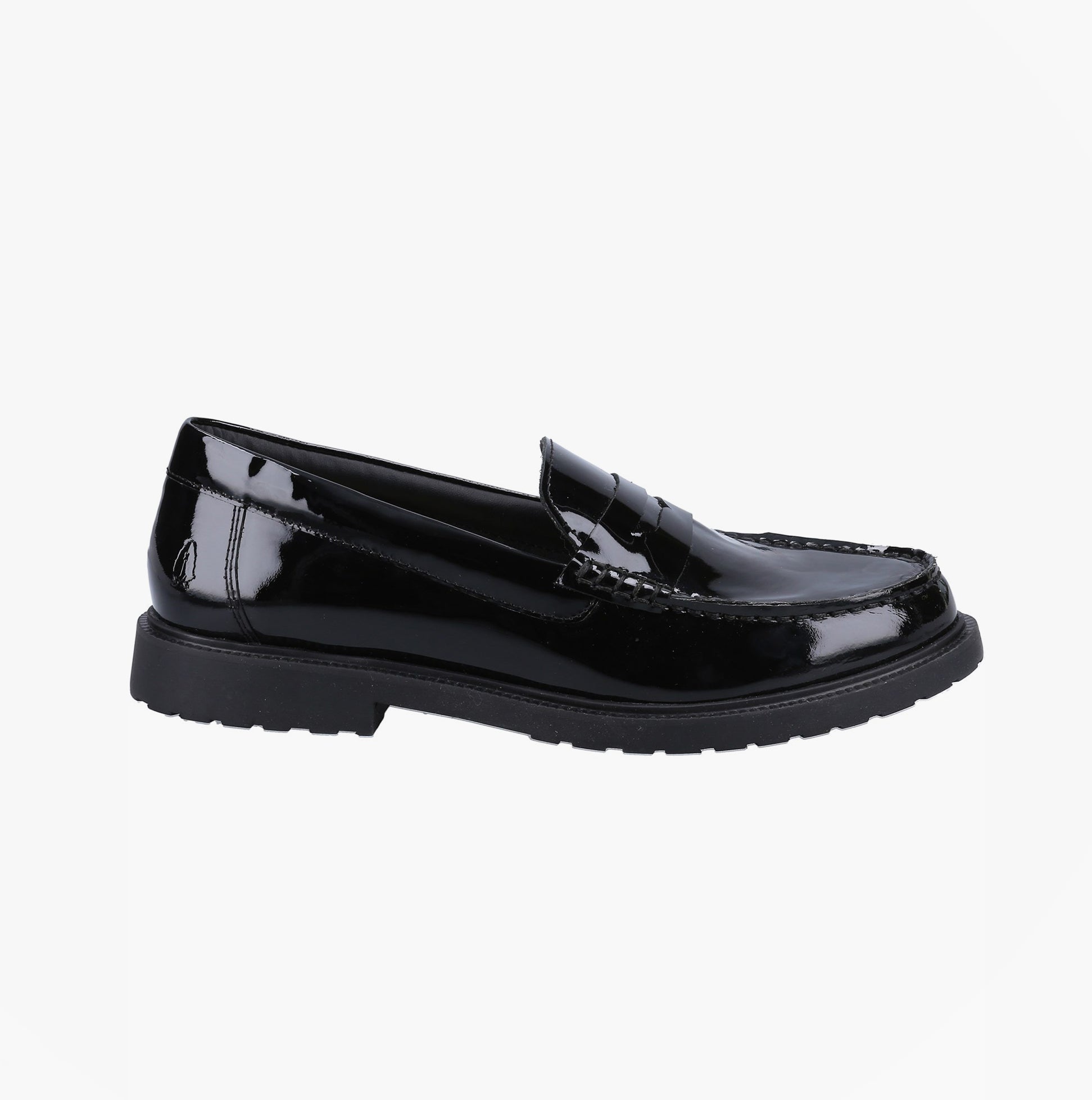 Hush Puppies VERITY SLIP ON Womens Loafer Shoes Patent Black side view showing glossy upper and flexible outsole.