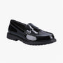 Hush Puppies VERITY SLIP ON Womens Loafer Shoes Patent Black side view showcasing patent leather upper and flexible outsole.
