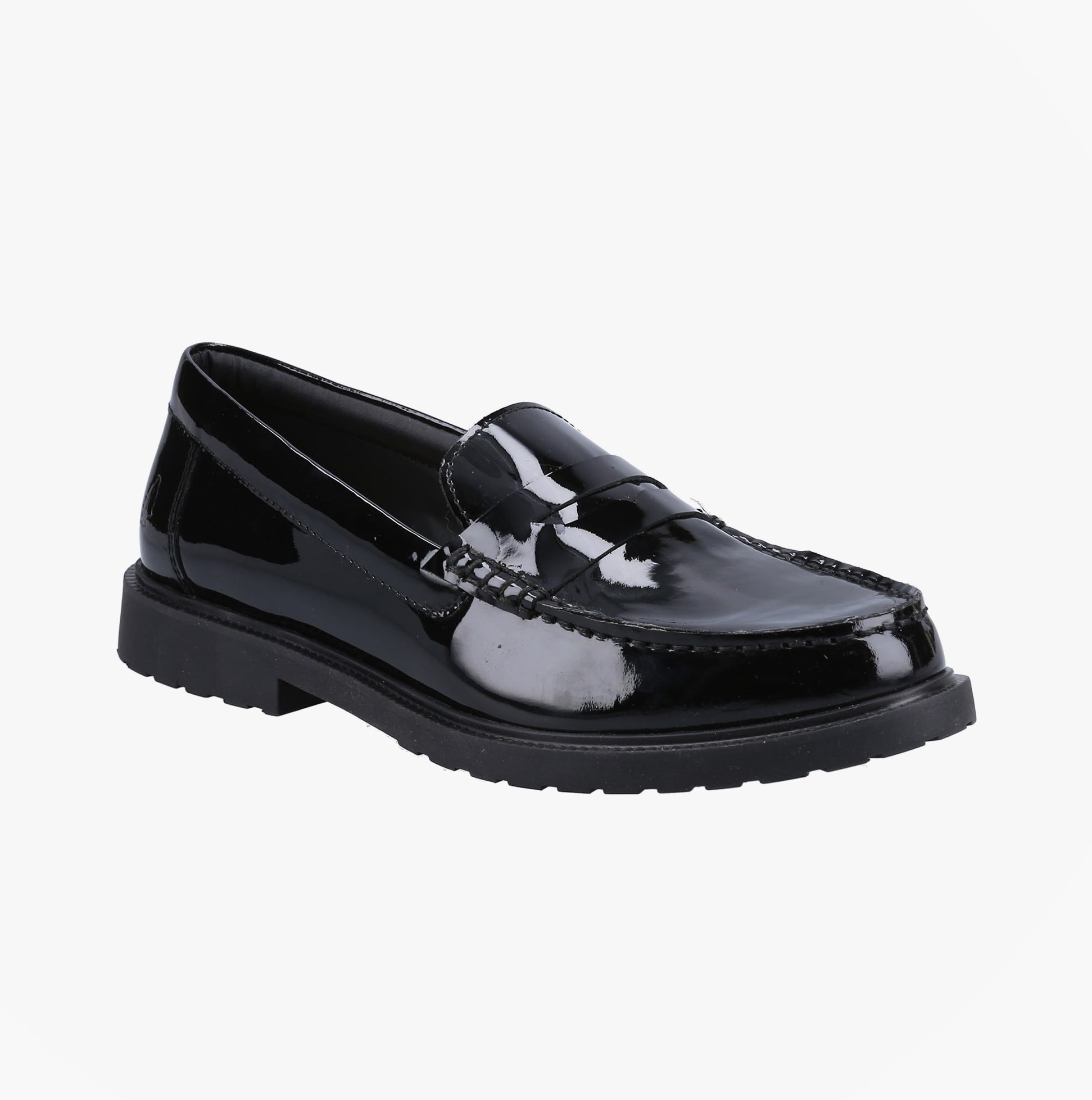 Hush Puppies VERITY SLIP ON Womens Loafer Shoes Patent Black side view showcasing patent leather upper and flexible outsole.