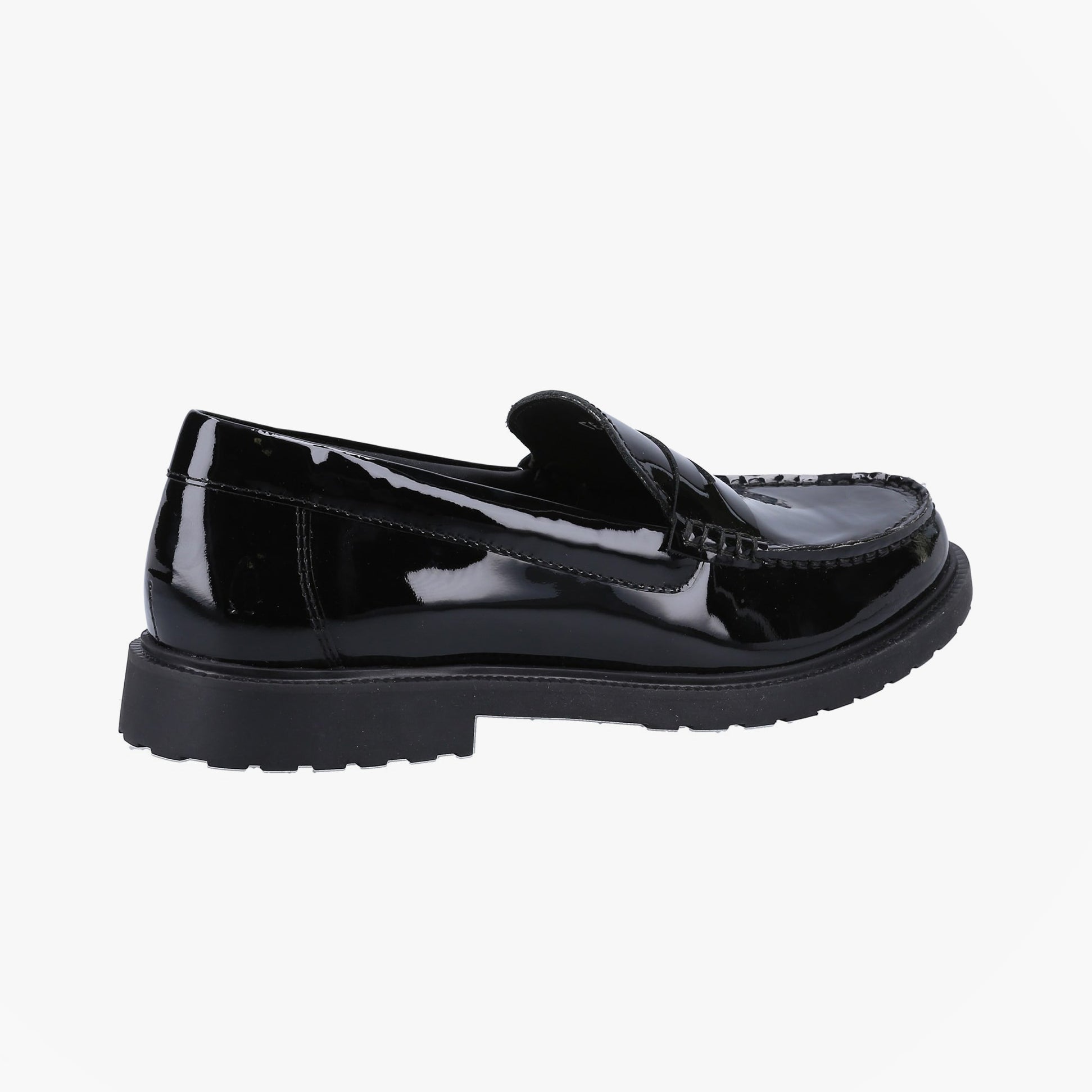 Hush Puppies VERITY SLIP ON Womens Loafer Shoes Patent Black side view, showcasing glossy patent leather and slip-on design.