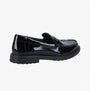 Hush Puppies VERITY SLIP ON Womens Loafer Shoes Patent Black side view, showcasing glossy patent leather and slip-on design.