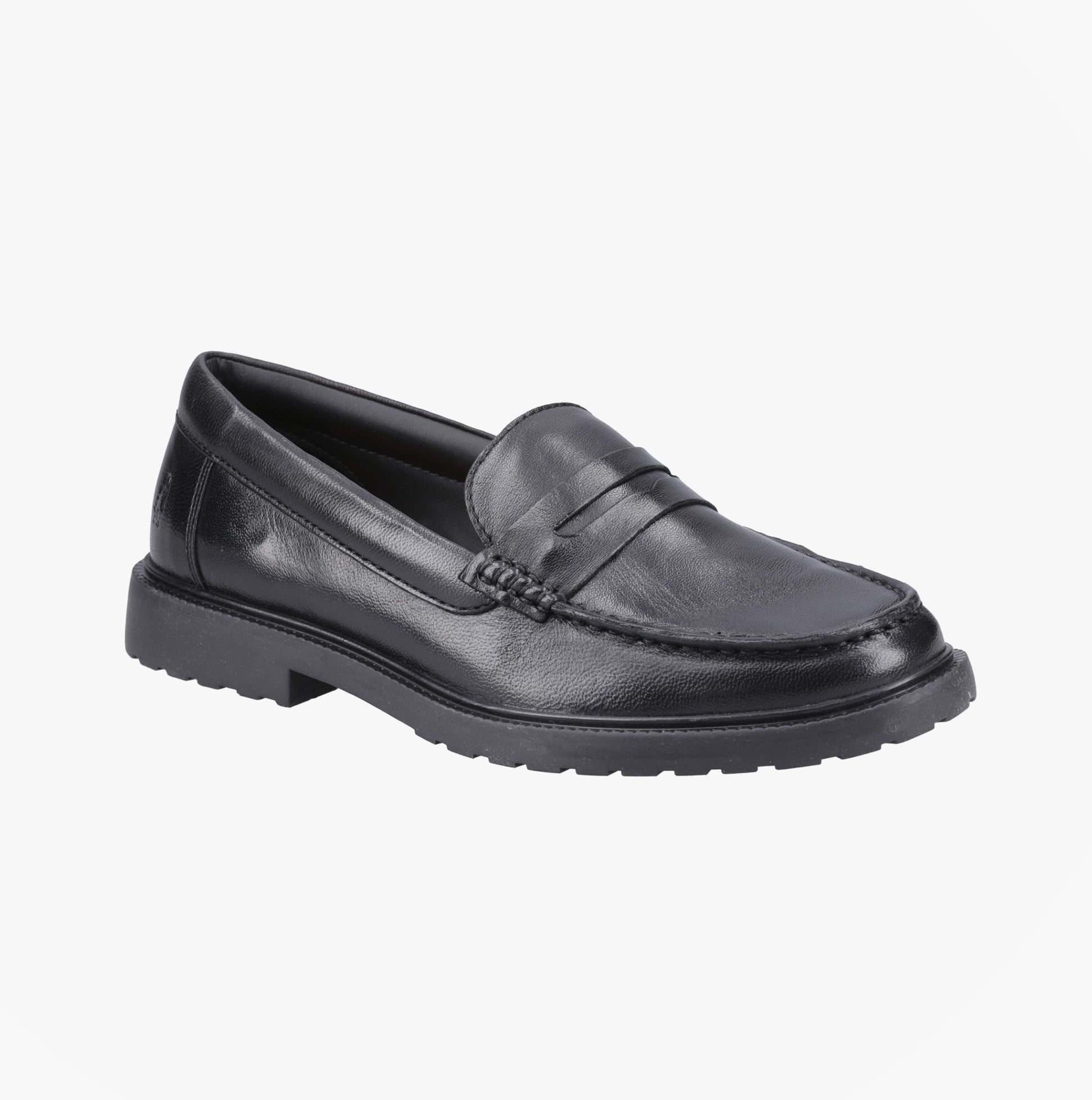 Hush Puppies VERITY SLIP ON Womens Loafer Shoes Black side view with flexible outsole and round toe shape.
