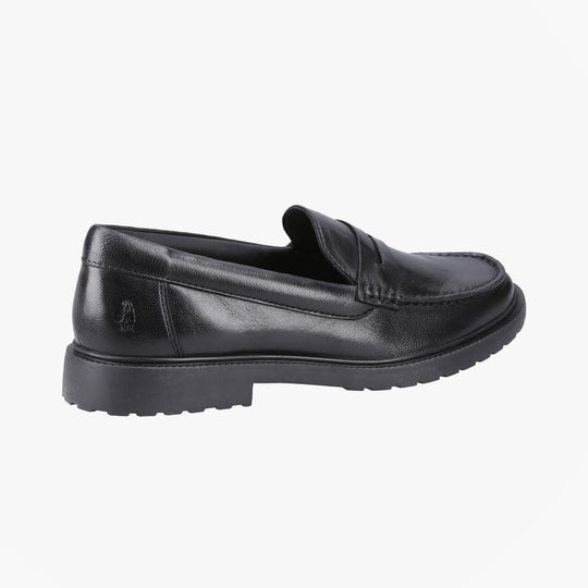 Hush Puppies VERITY SLIP ON Womens Loafer Shoes Black side view showing leather upper and low top design.