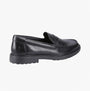 Hush Puppies VERITY SLIP ON Womens Loafer Shoes Black side view showing leather upper and low top design.