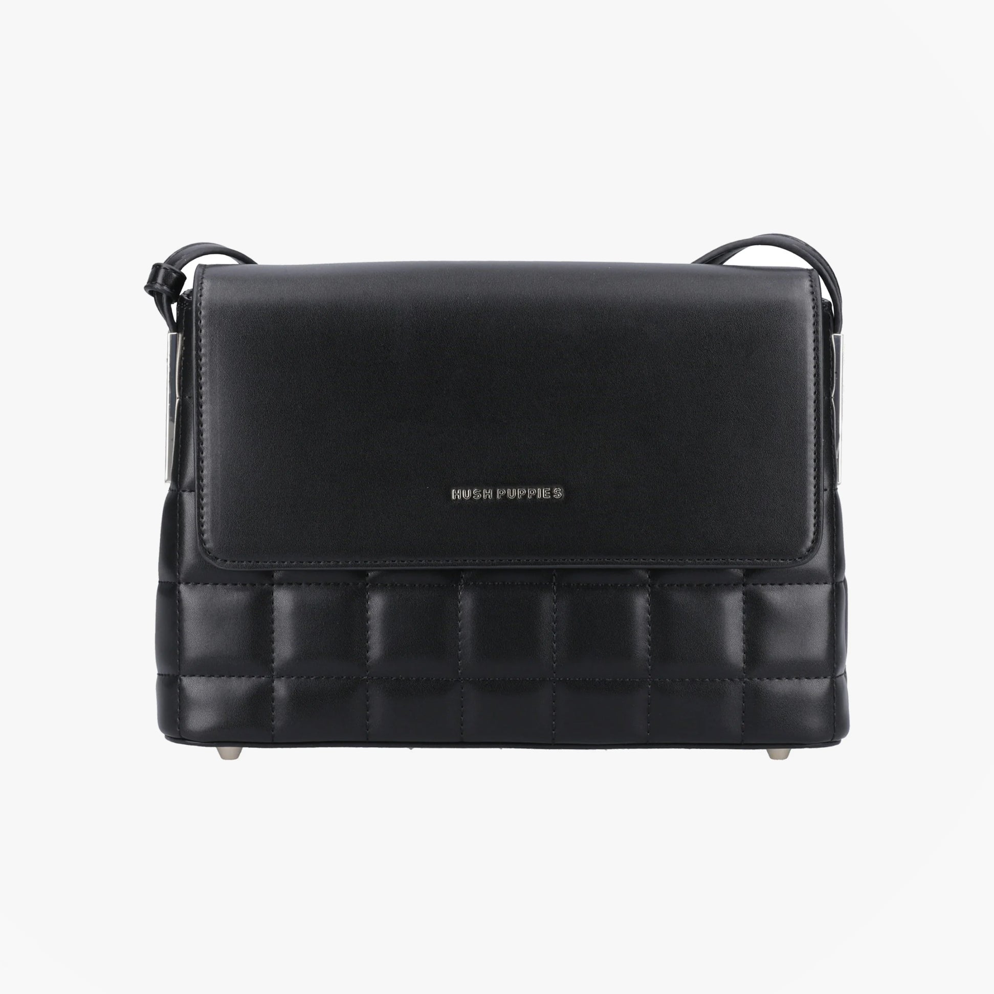 Hush Puppies GOMATHIE Womens Black front view crossbody bag with faux leather and zip closure.