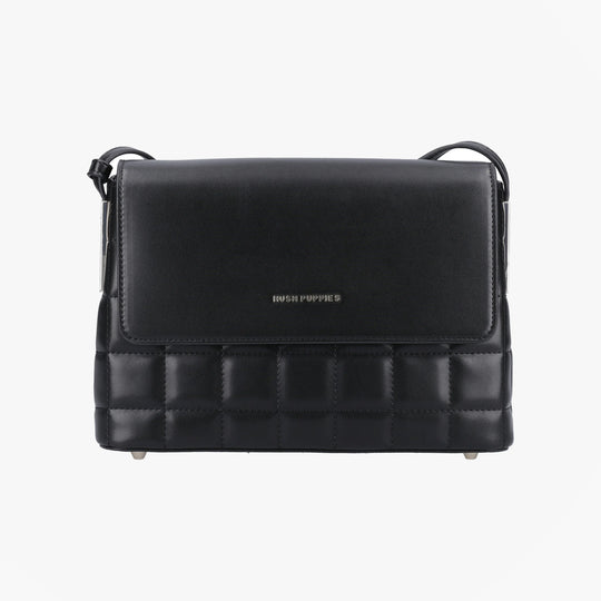 Hush Puppies GOMATHIE Womens Black front view crossbody bag with faux leather and zip closure.