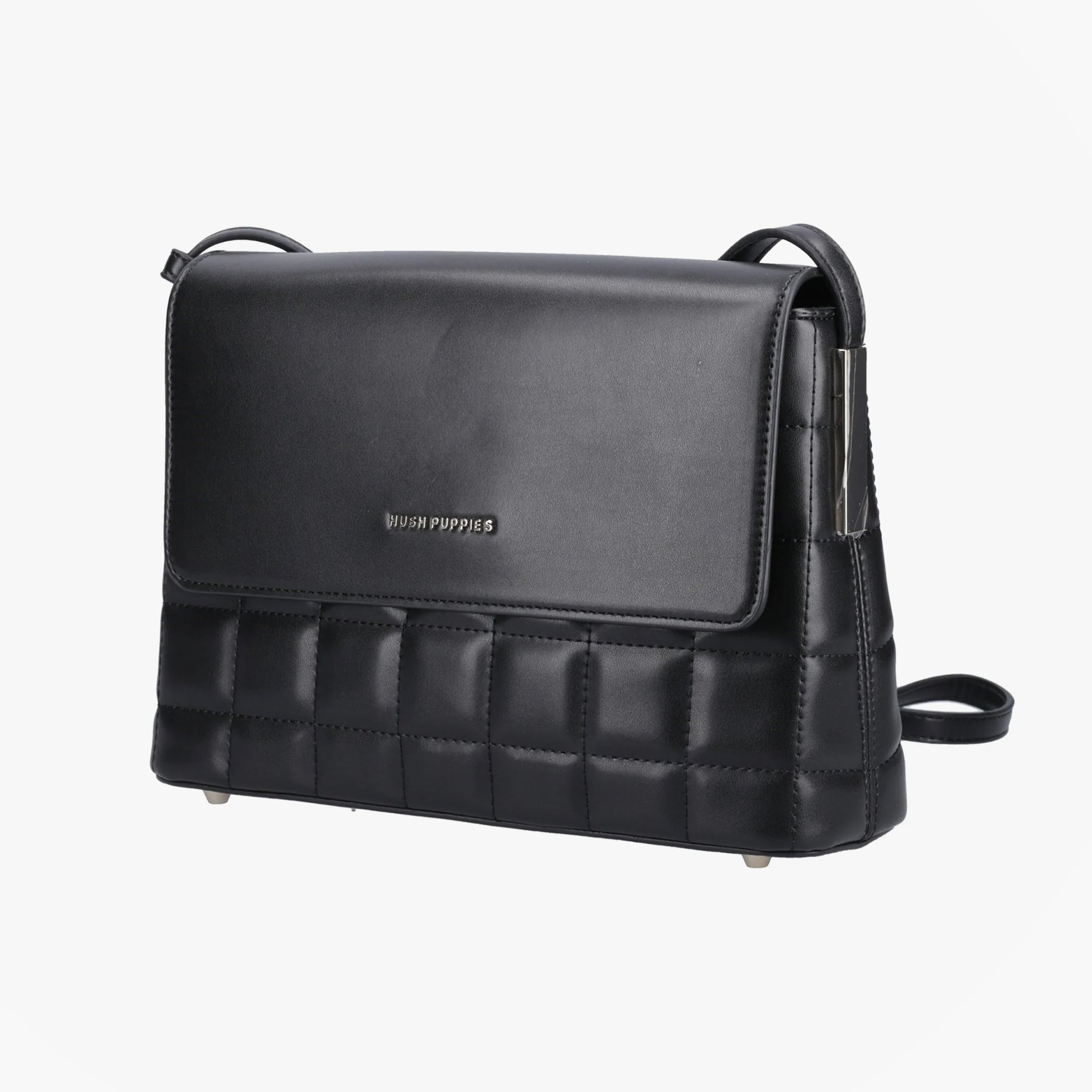 Hush Puppies GOMATHIE Womens Black side view of crossbody bag in faux leather with zip closure.
