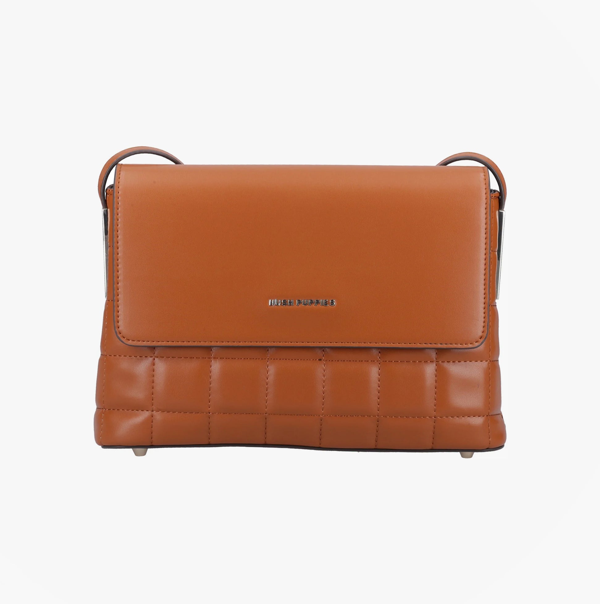 Hush Puppies GOMATHIE Womens Brown crossbody bag front view, faux leather with cotton lining, zip closure.