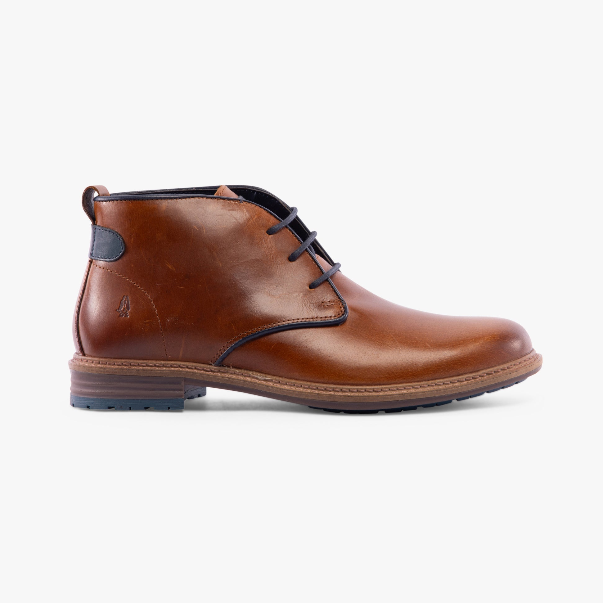 Hush Puppies JONAS CHUKKA Mens Boots Tan side view showing leather upper, lace-up closure, and block heel design.