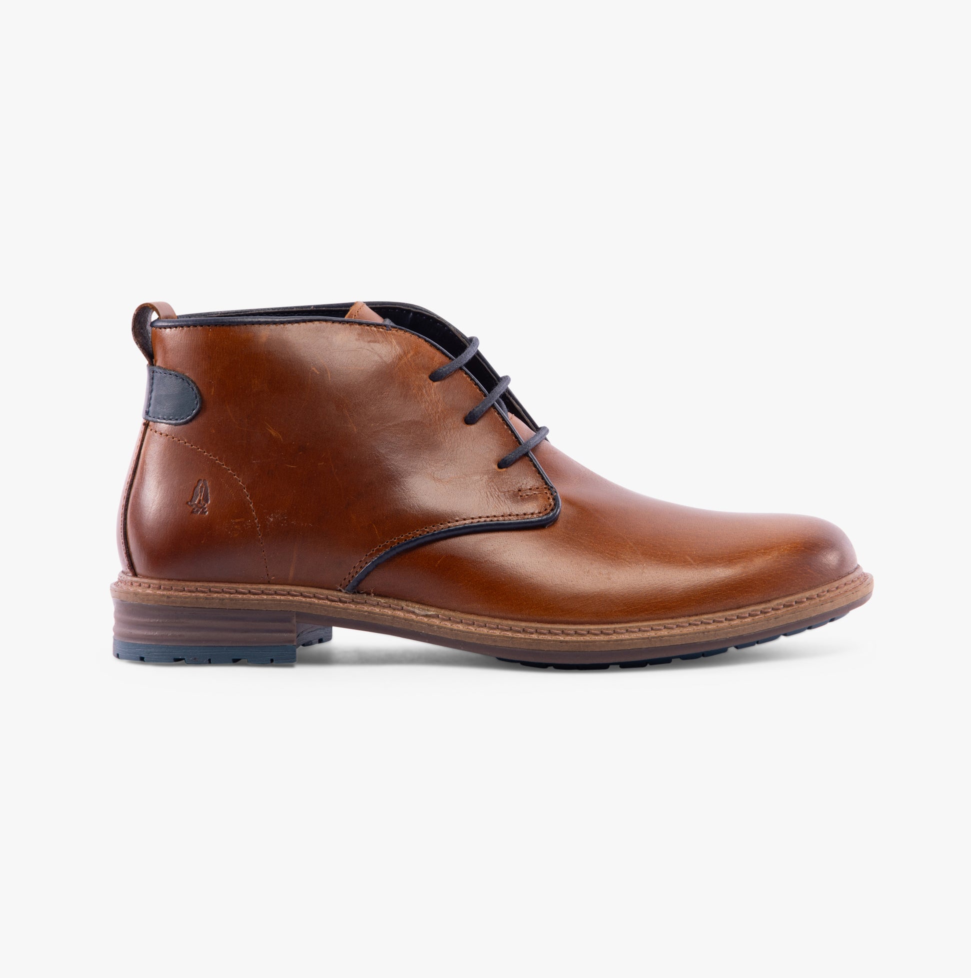 Hush Puppies JONAS CHUKKA Mens Boots Tan side view showing leather upper, lace-up closure, and block heel design.