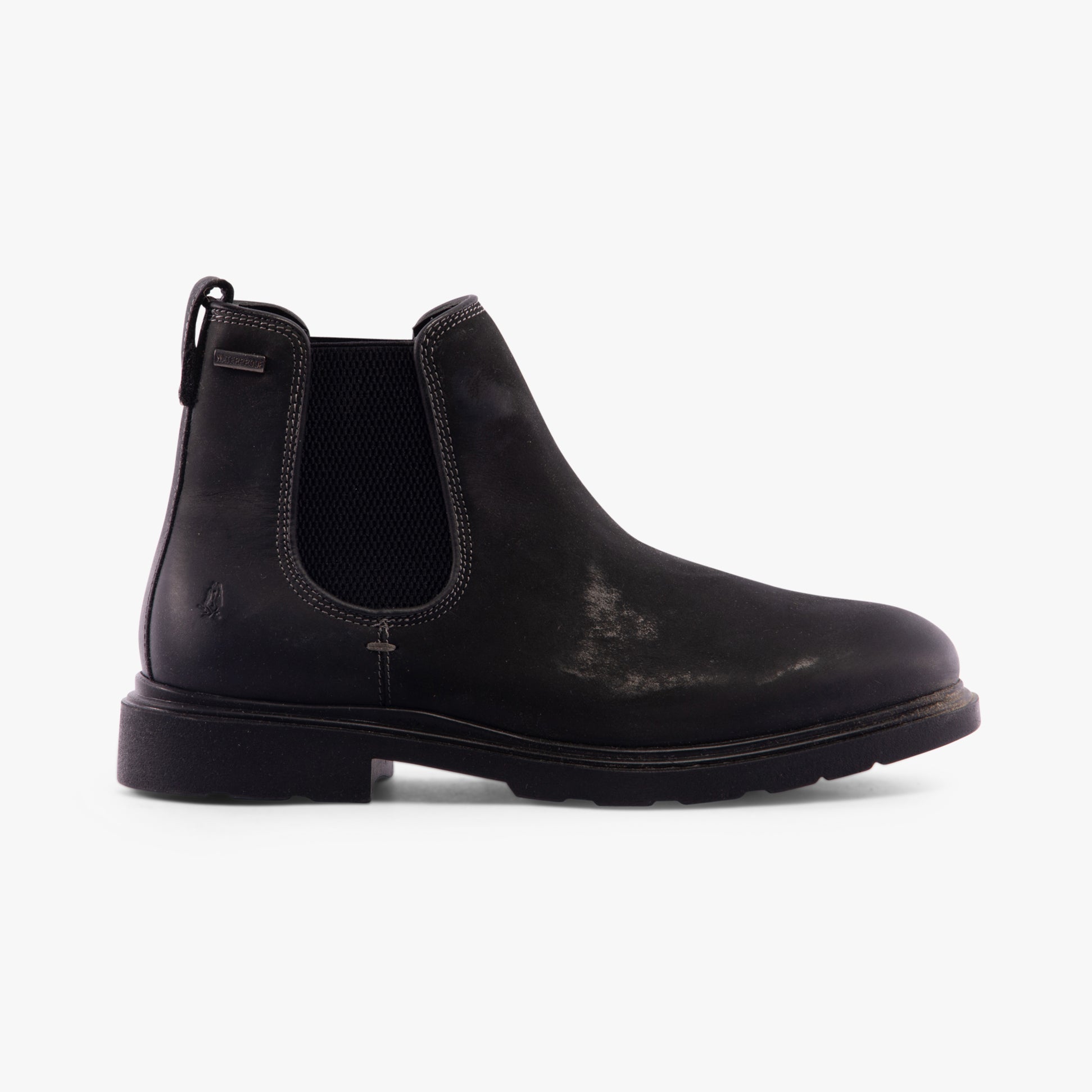 Hush Puppies PRESTON CHELSEA Mens Boots Black side view showing leather upper and block heel.
