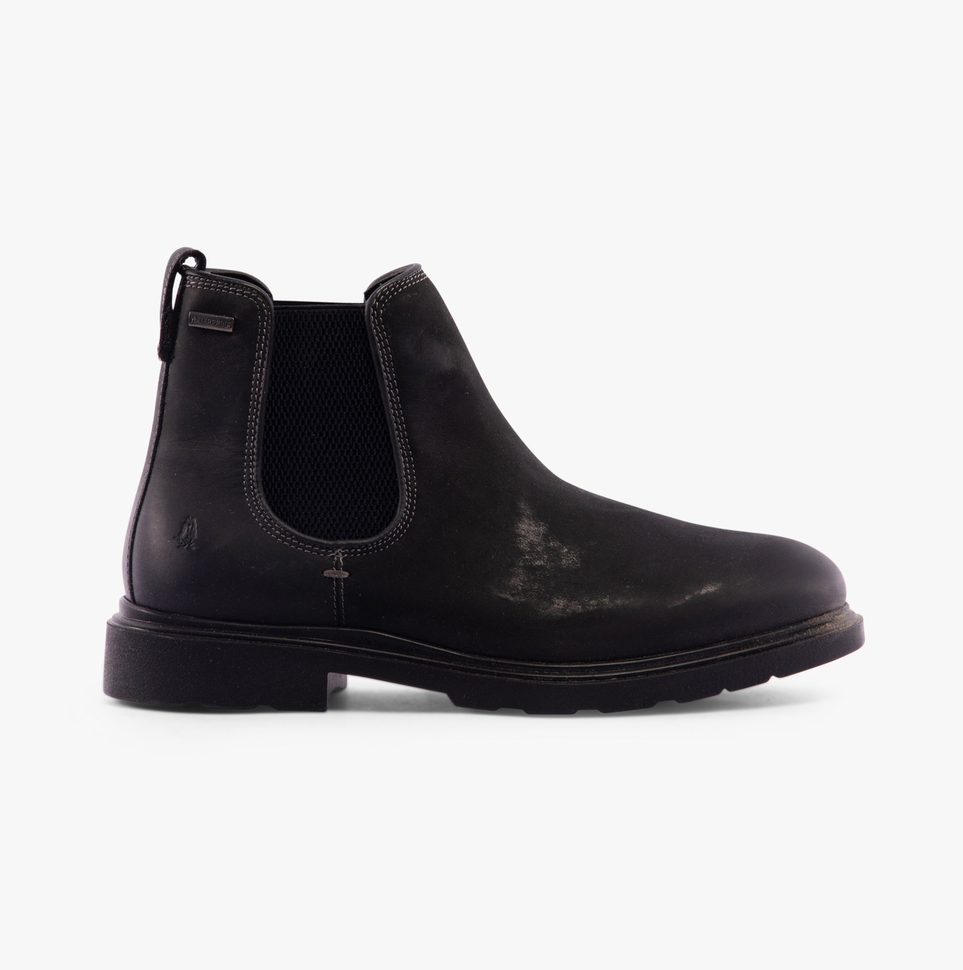 Hush Puppies PRESTON CHELSEA Mens Boots Black side view showing leather upper and block heel.
