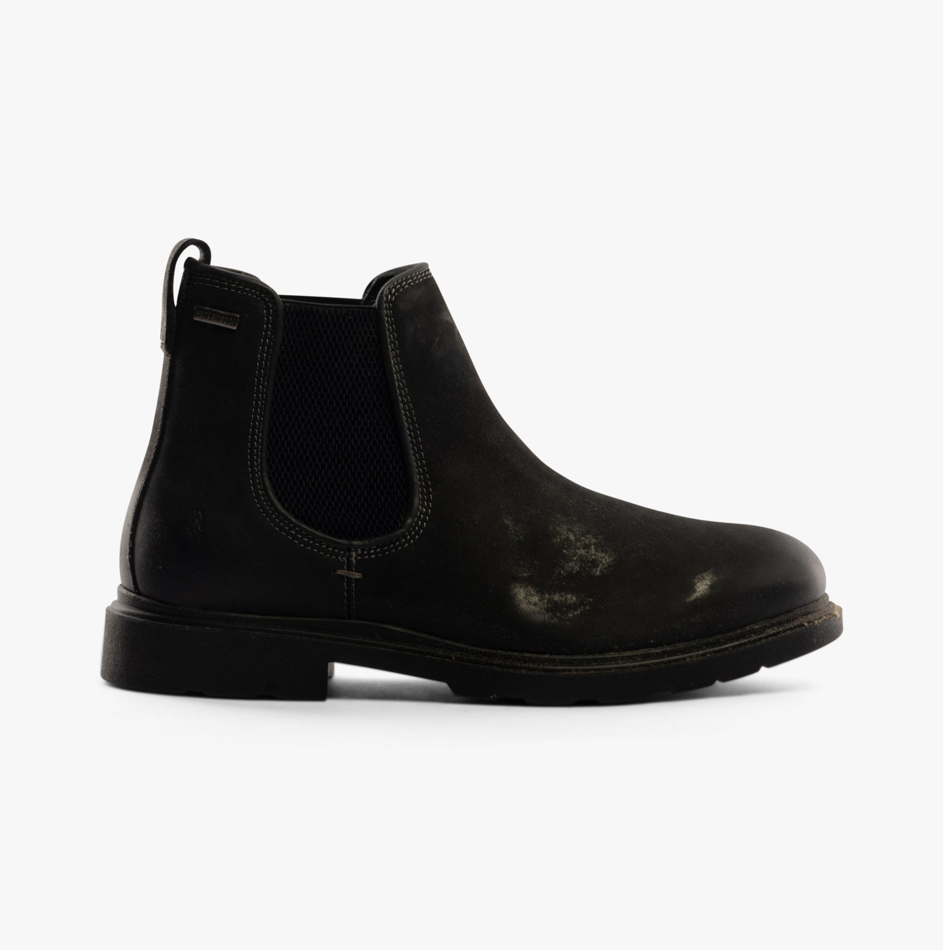Hush Puppies PRESTON CHELSEA Mens Boots Black side view showing leather upper and block heel with ankle height.