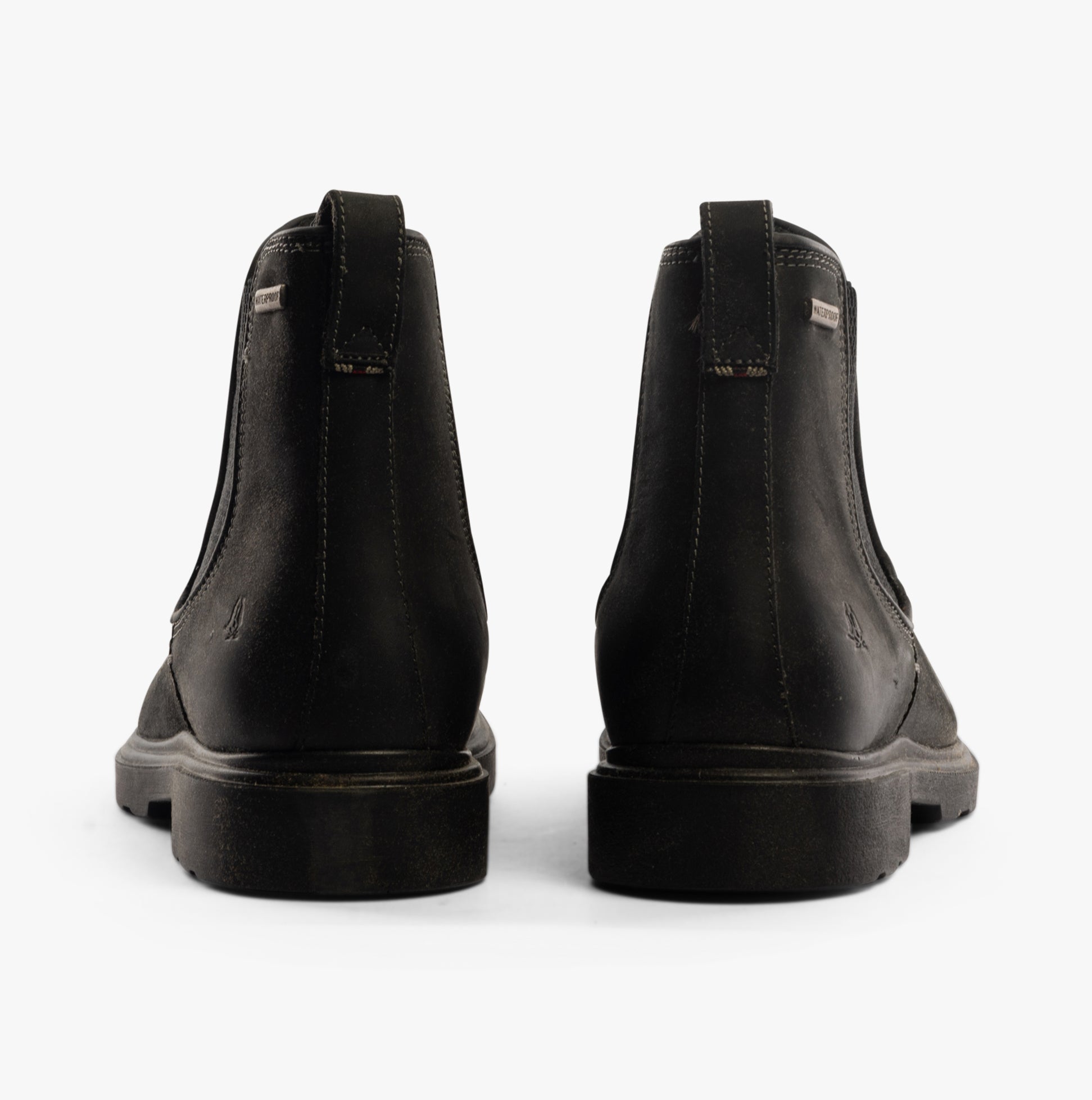 Hush Puppies PRESTON CHELSEA Mens Boots Black rear view showing leather upper and block heel design.