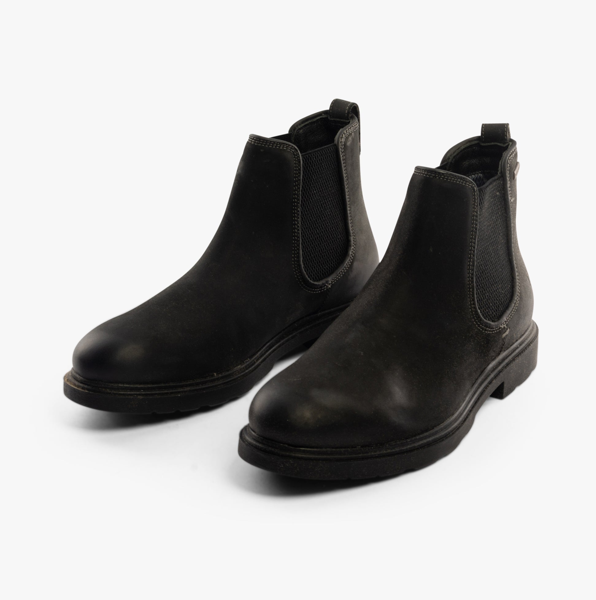 Hush Puppies PRESTON CHELSEA Mens Boots Black side view showcasing leather upper and elastic panels.