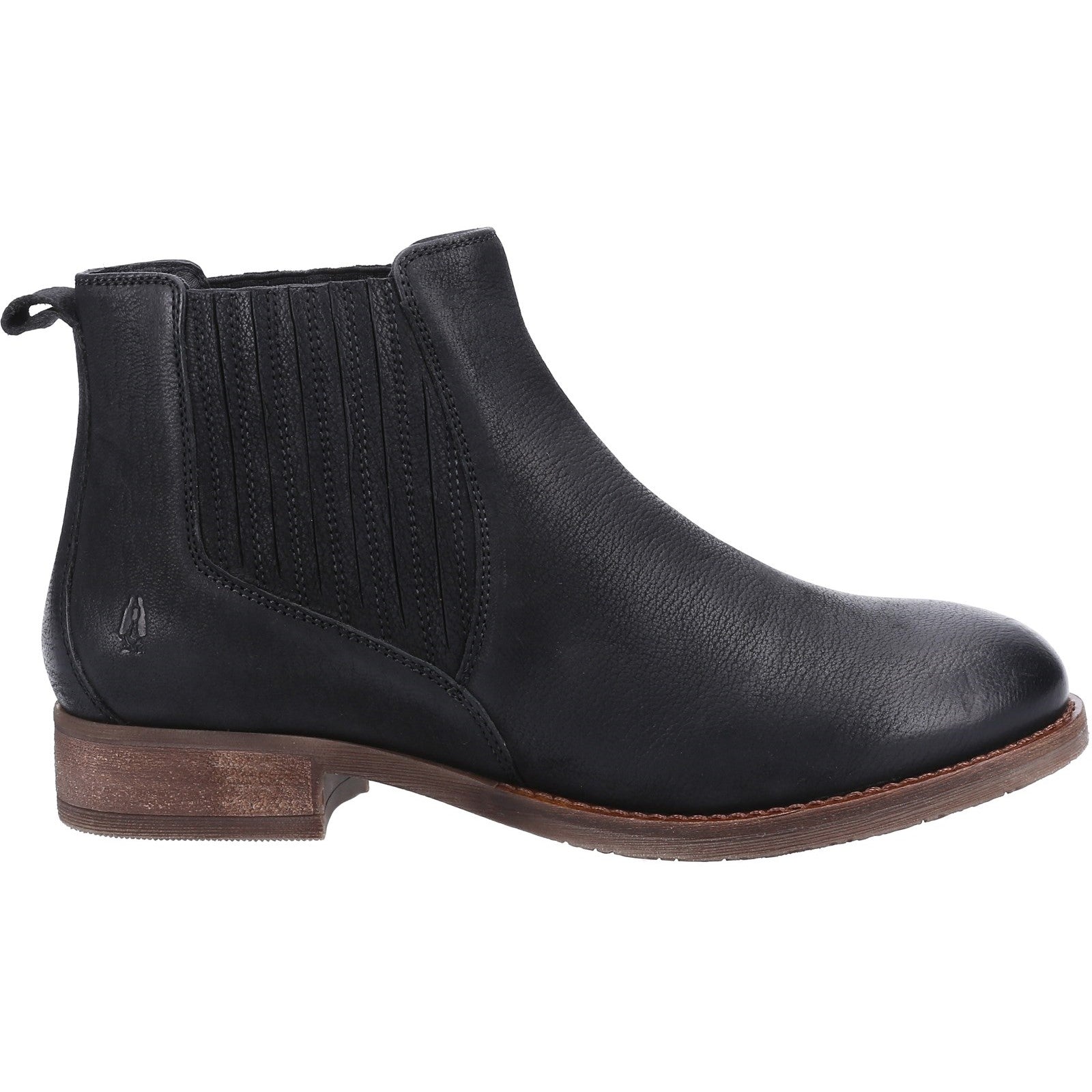 Hush Puppies EDITH Womens Boots Black side view featuring Chelsea design, leather upper, and block heel.
