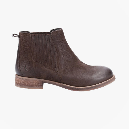Hush Puppies EDITH Womens Boots Brown side view showing brown leather upper, pull-on Chelsea style with block heel.