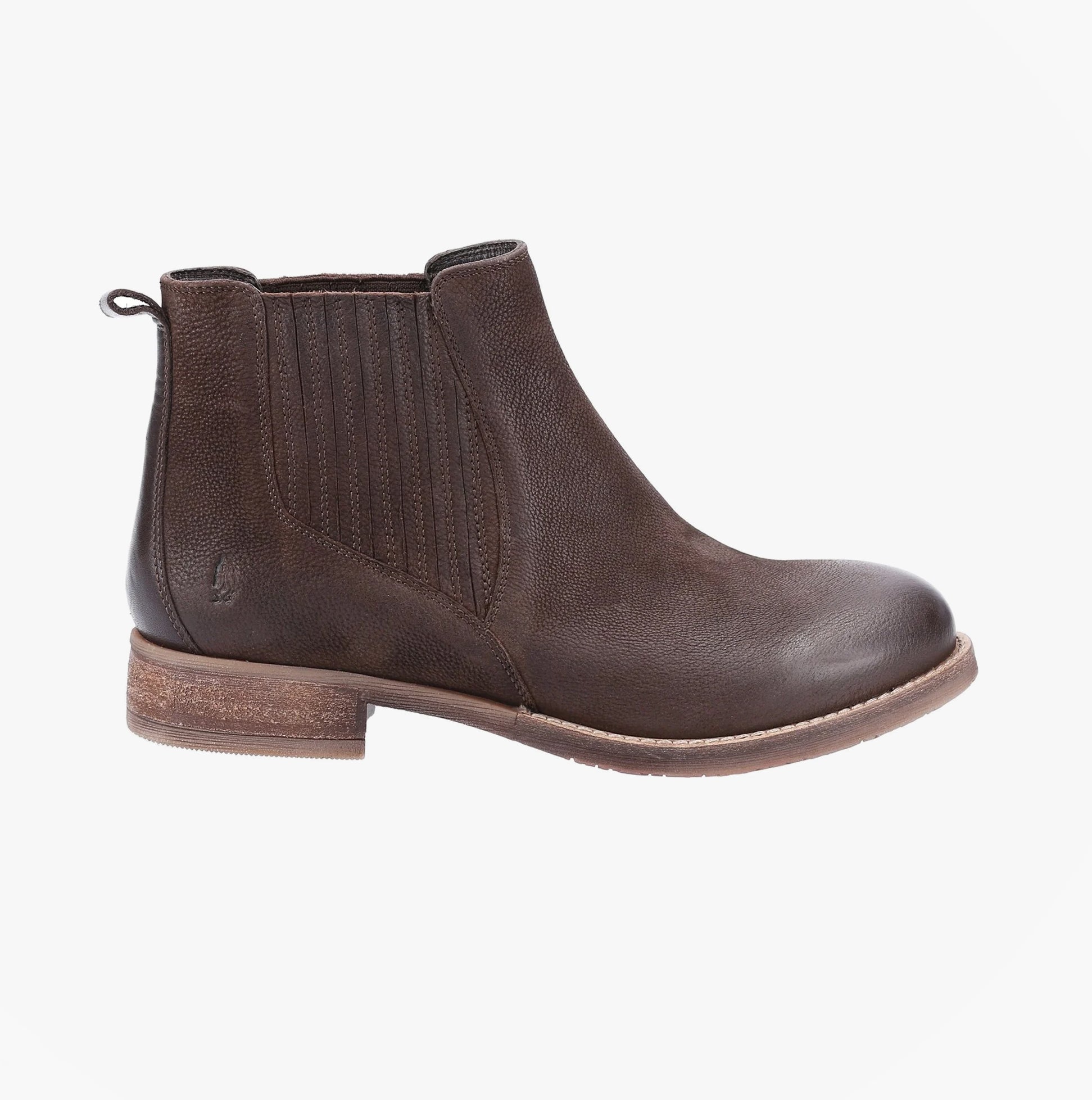 Hush Puppies EDITH Womens Boots Brown side view showing brown leather upper, pull-on Chelsea style with block heel.