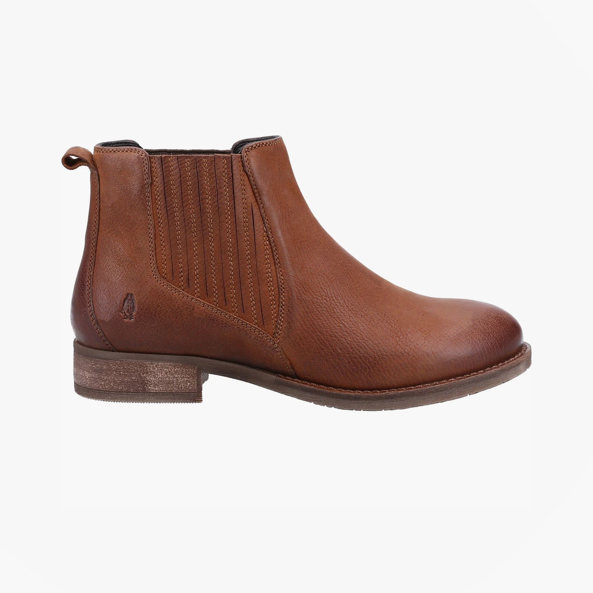 Hush Puppies EDITH Womens Boots Tan side view showing leather upper, Chelsea style, and block heel design.