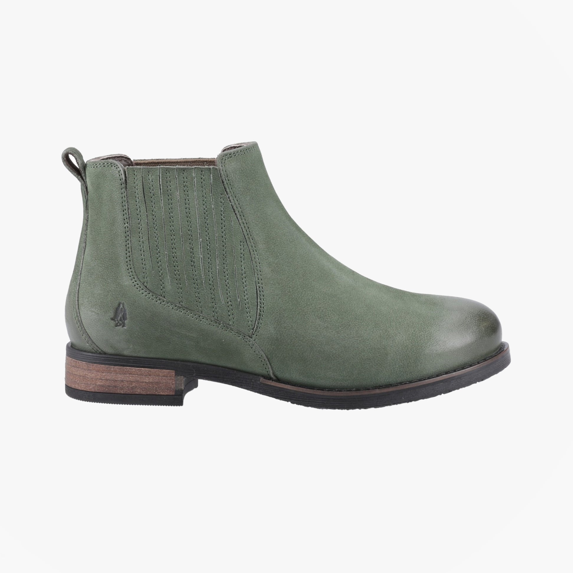 Hush Puppies EDITH Womens Ankle Chelsea Boots Green side view showing leather upper and low heel.