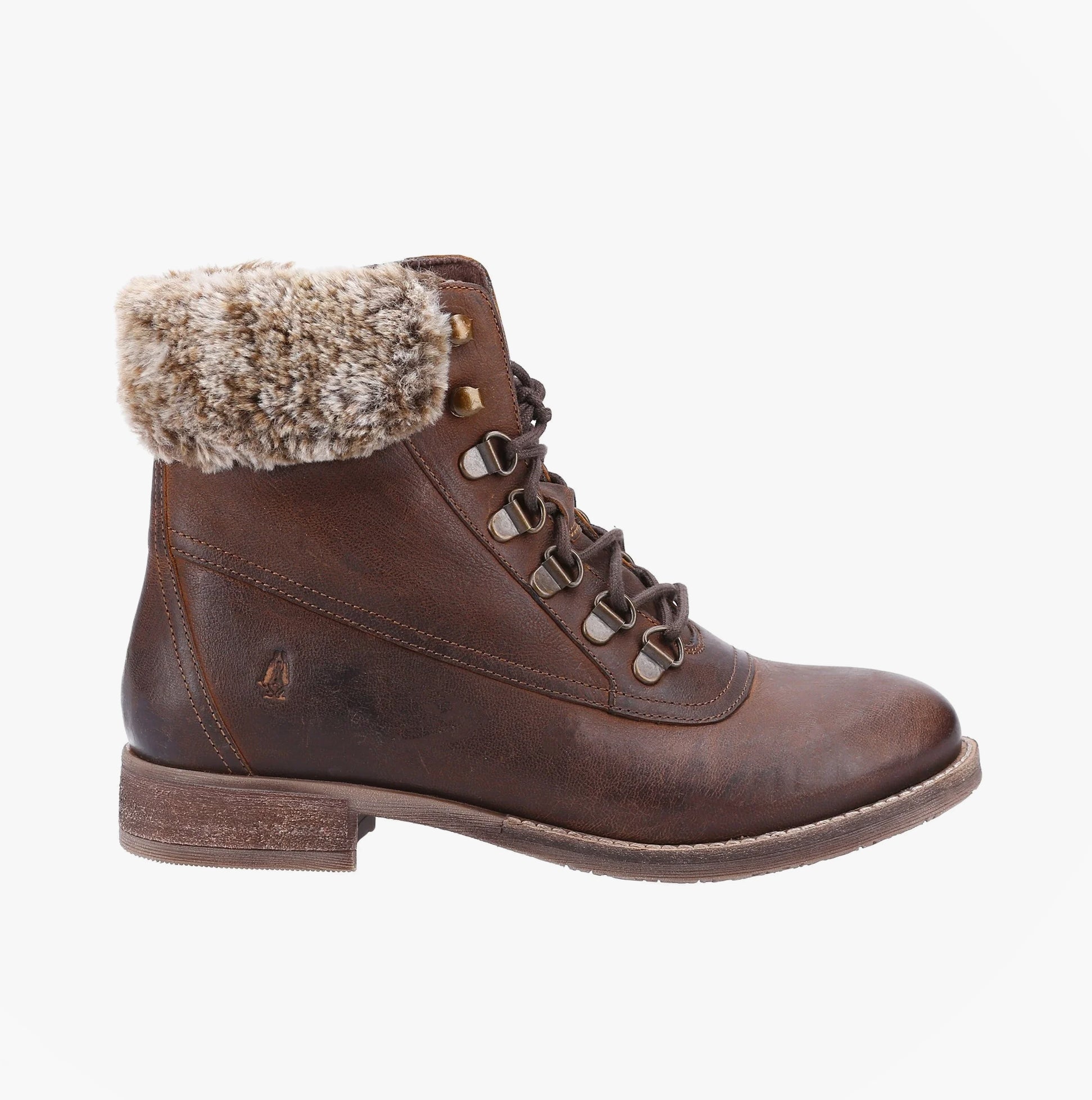 Hush Puppies EFFIE Womens Boots Brown side view showcasing leather upper, faux fur lining, and lace-up closure.
