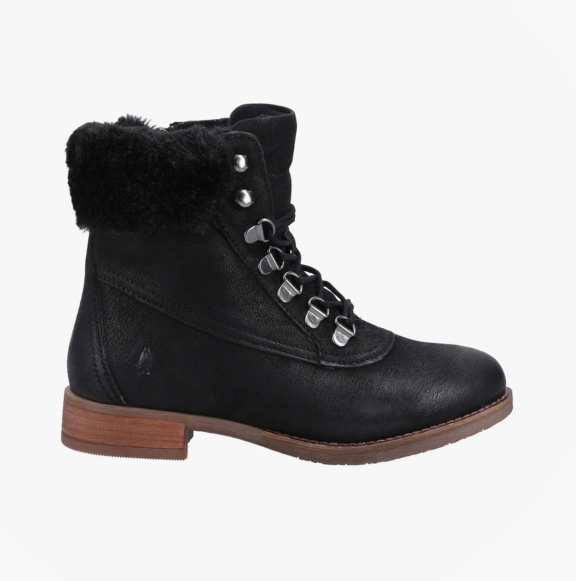 Hush Puppies EFFIE Womens Boots Black side view featuring lace-up design and faux fur lining.