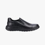 Hush Puppies TRENT Mens Shoes Black side view, comfortable leather slip-on shoes with flexible outsole.