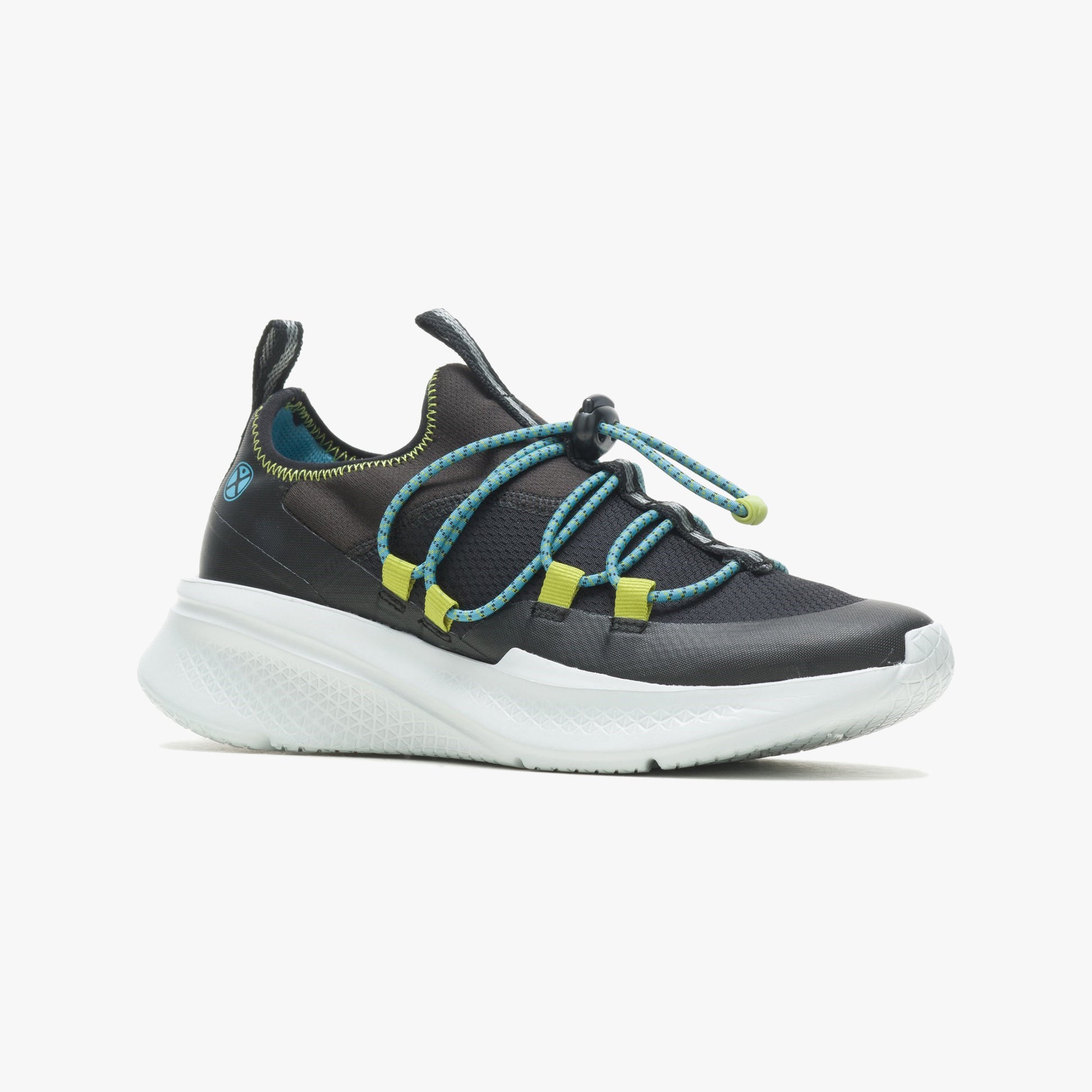 Hush Puppies SPARK BUNGEE Womens Trainers Black side view showcasing slip-on style and colorful bungee laces.
