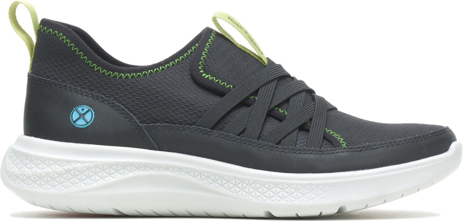 Hush Puppies ELEVATE STEP IN Ladies Trainers Black side view showcasing leather and mesh upper with slip-on design.
