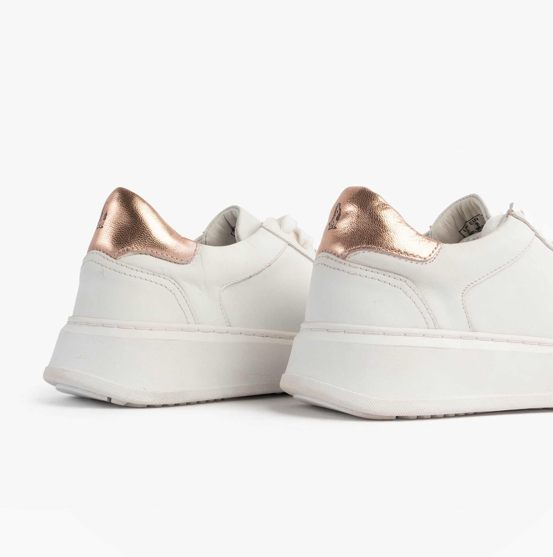 Hush Puppies CAMILLE Womens Trainers White back view showcasing leather upper and rose gold accents.