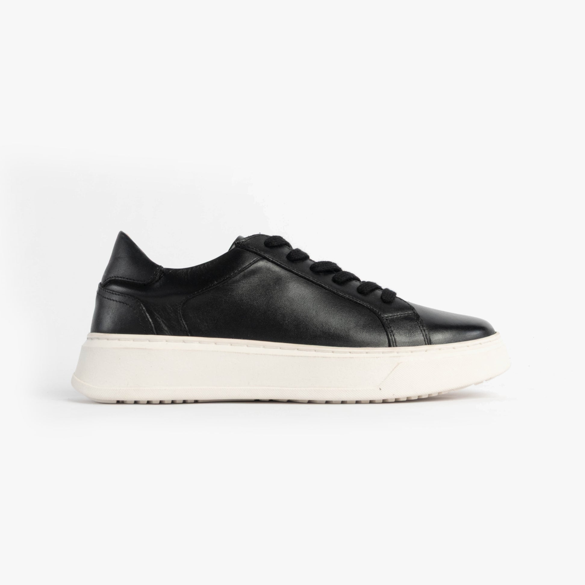 Hush Puppies CAMILLE Womens Trainers Black side view showing leather upper and lace-up closure.