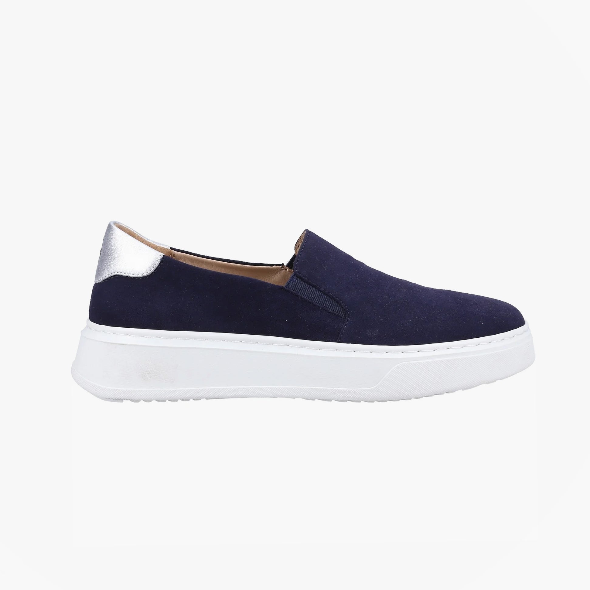 Hush Puppies CORINNE Womens Trainers Navy side view with platform sole and slip-on design.