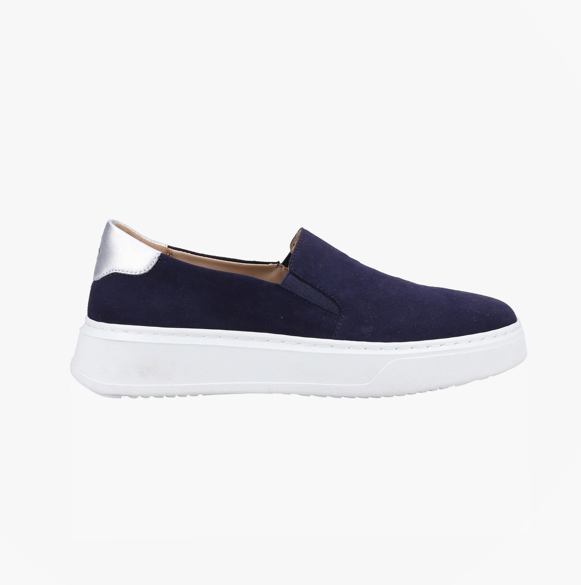Hush Puppies CORINNE Womens Trainers Navy side view with platform sole and slip-on design.