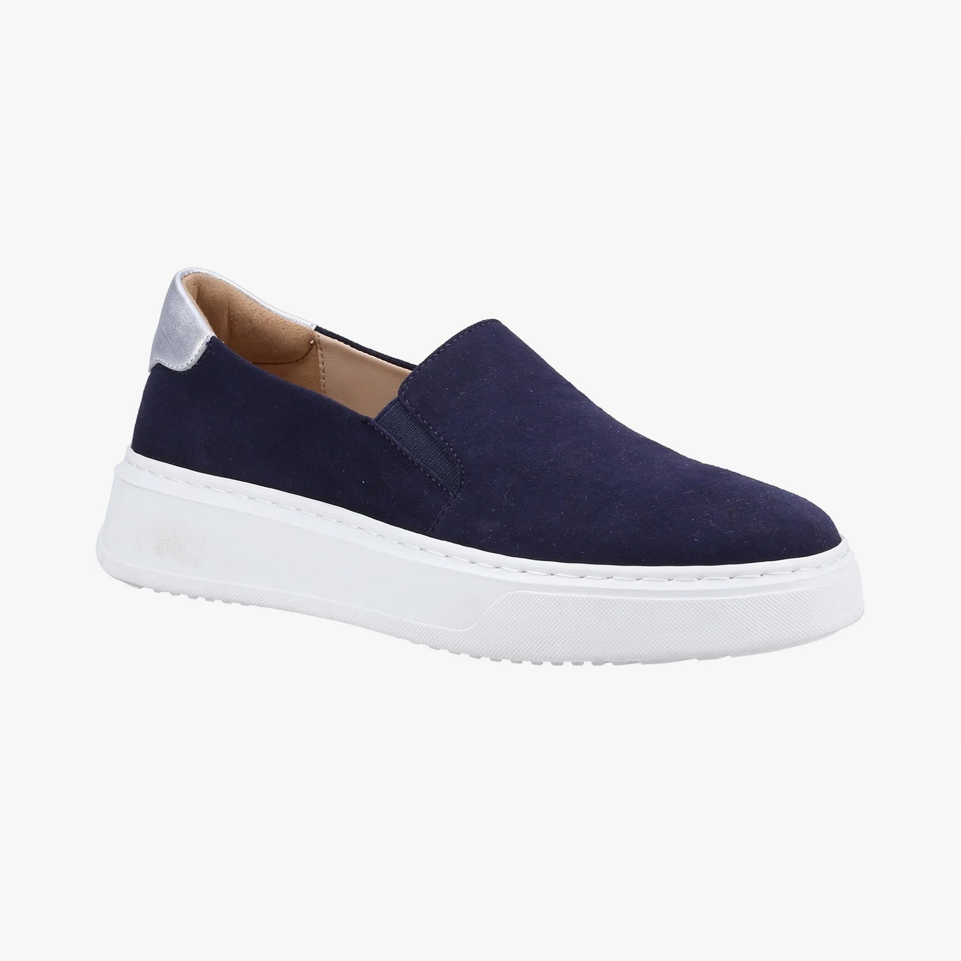 Hush Puppies CORINNE Womens Trainers Navy side view showing casual leather upper and platform sole.