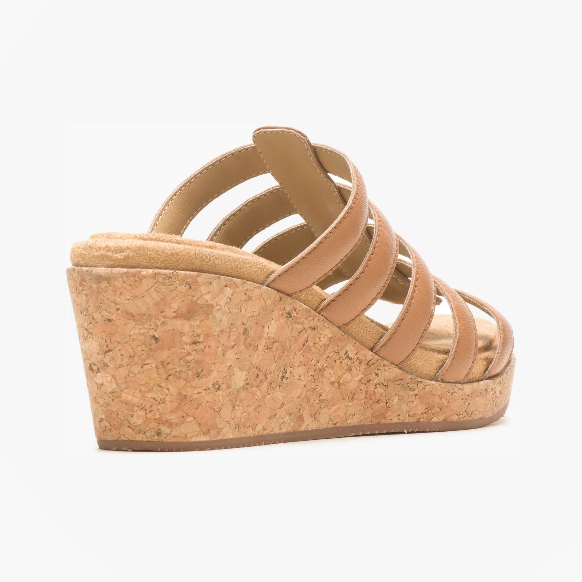 Hush Puppies WILLOW SLIDE Womens Sandals Tan side view showing cork wedge heel and strap design.