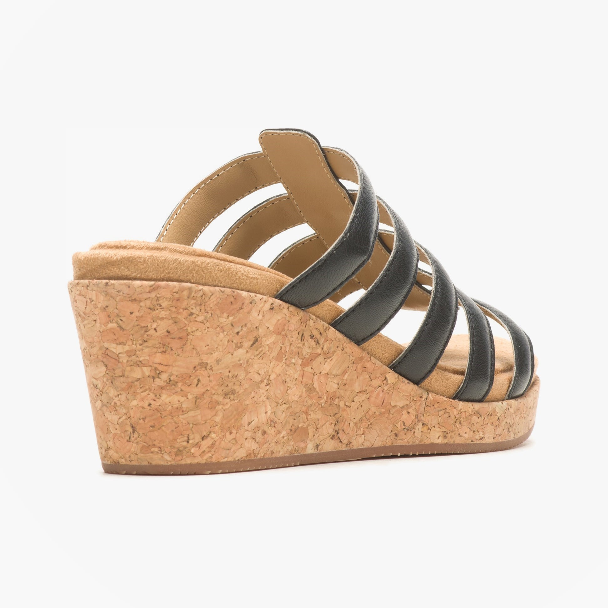Hush Puppies WILLOW SLIDE Womens Sandals Black side view showcasing the wedge heel and leather straps.