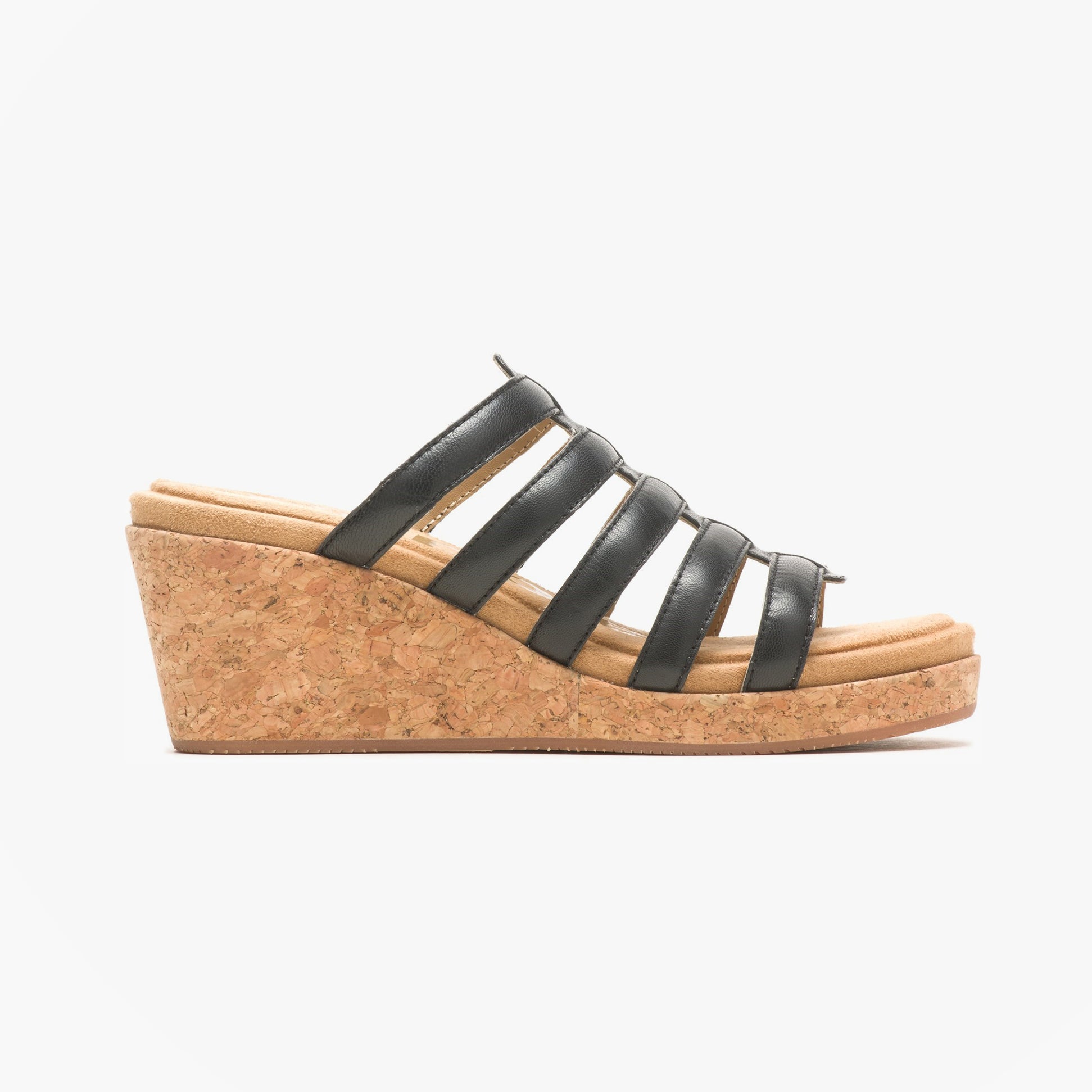 Hush Puppies WILLOW SLIDE Womens Sandals Black side view with wedge heel and multiple straps.