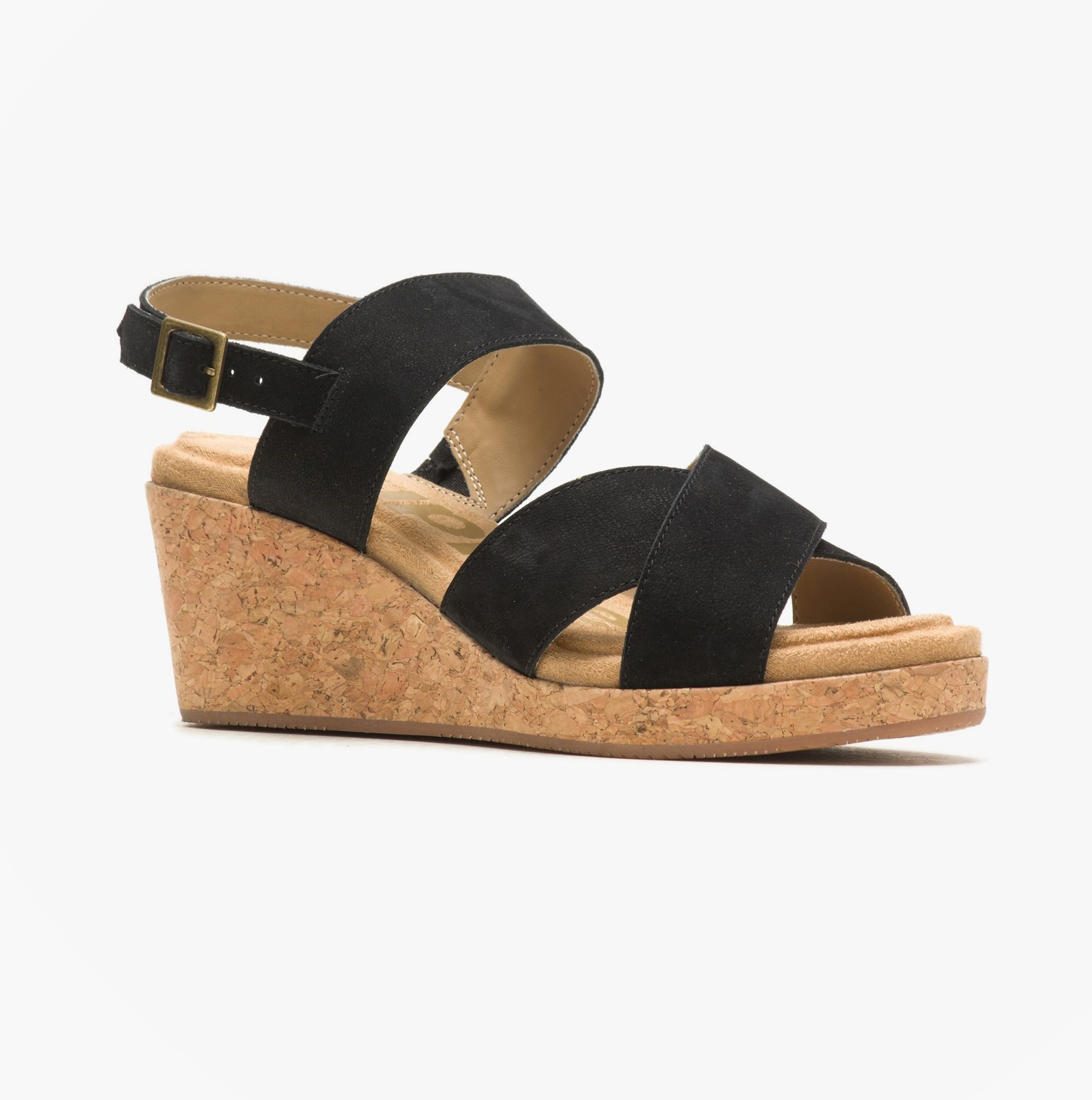 Hush Puppies WILLOW X BAND Womens Sandals Black side view showcasing suede upper and wedge heel design.