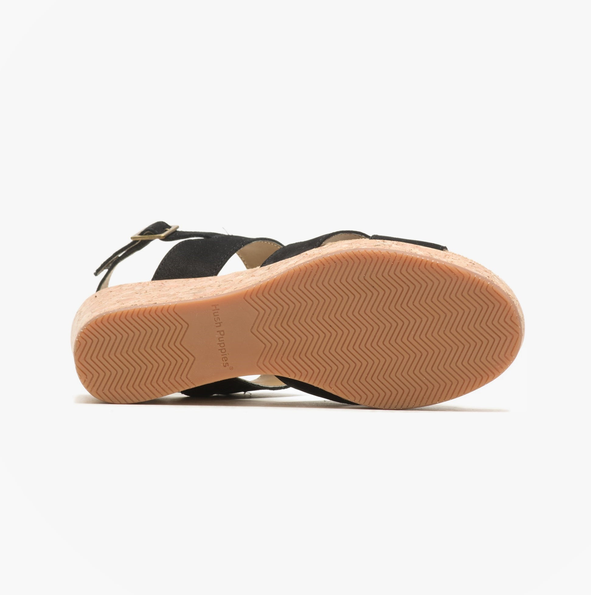 Hush Puppies WILLOW X BAND Womens Sandals Black bottom view showcasing rubber sole and wedge heel design.