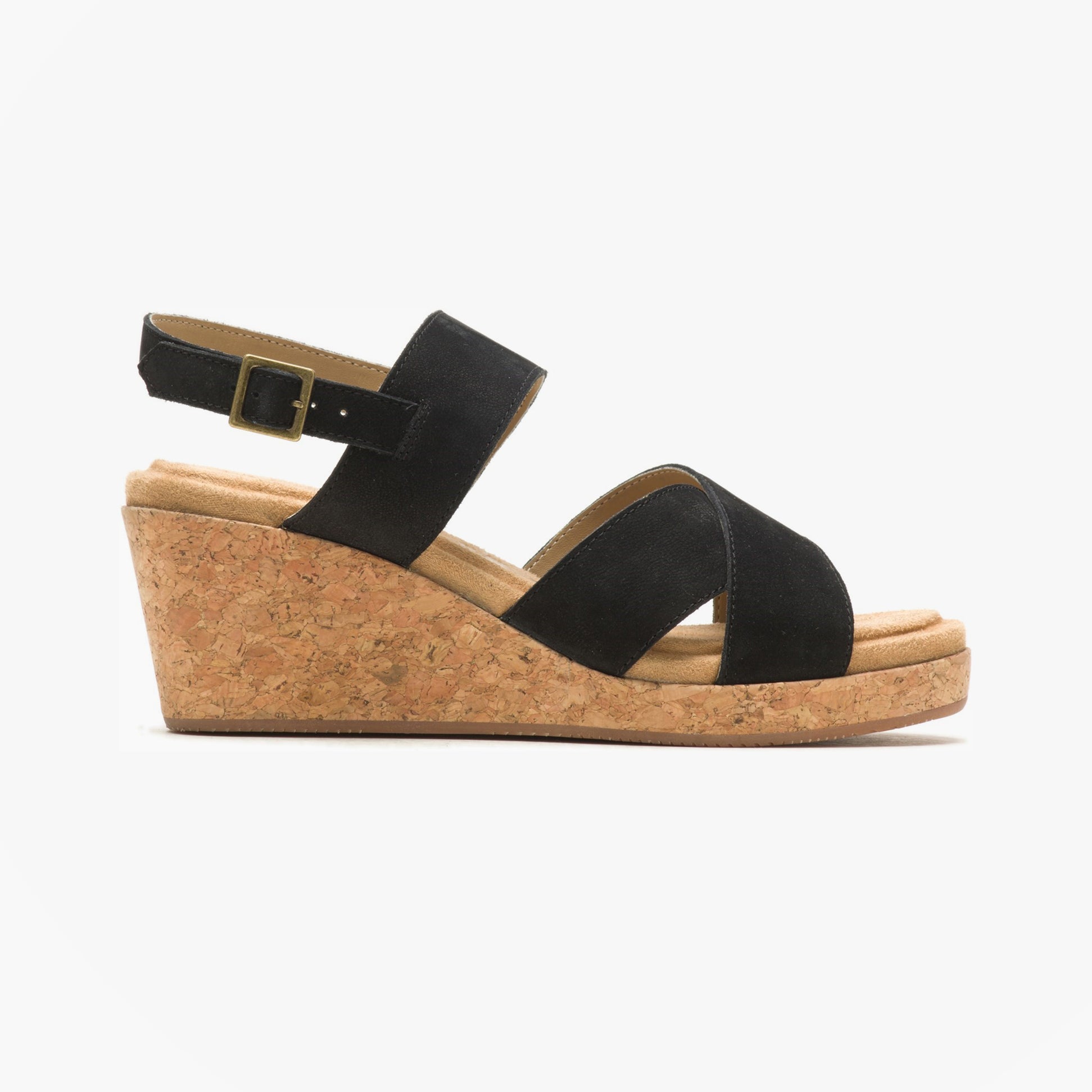 Hush Puppies WILLOW X BAND Womens Sandals Black side view showcasing suede upper, wedge heel, and buckle closure.