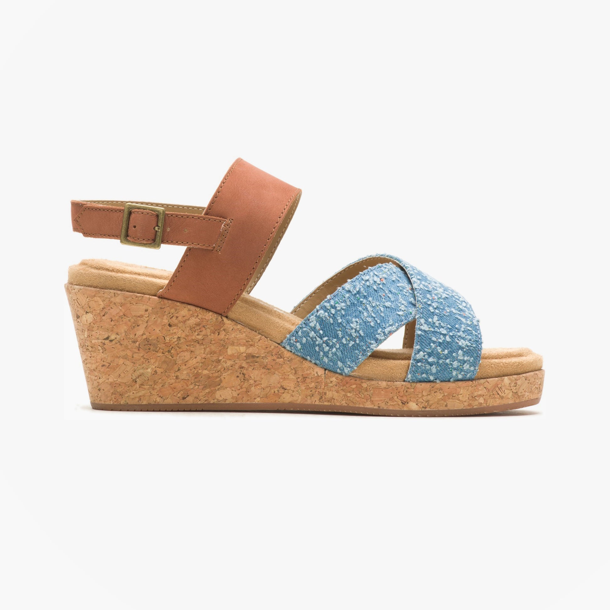 Hush Puppies WILLOW X BAND Womens Sandals Blue side view showing suede upper and wedge heel design.