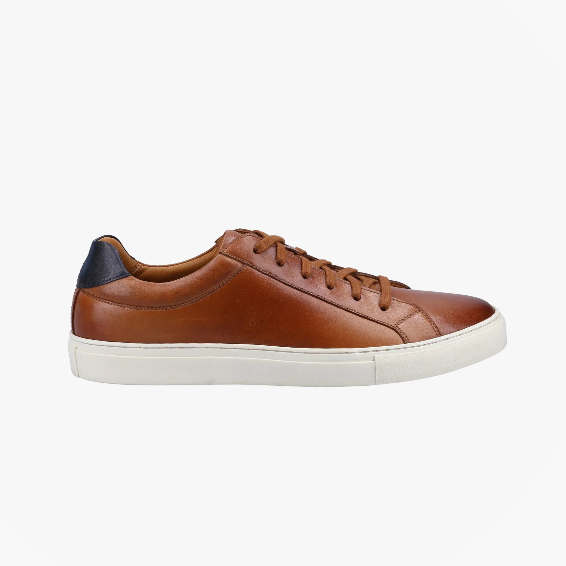 Hush Puppies COLTON Mens Trainers Tan side view, casual leather trainers with round toe and lace-up closure.