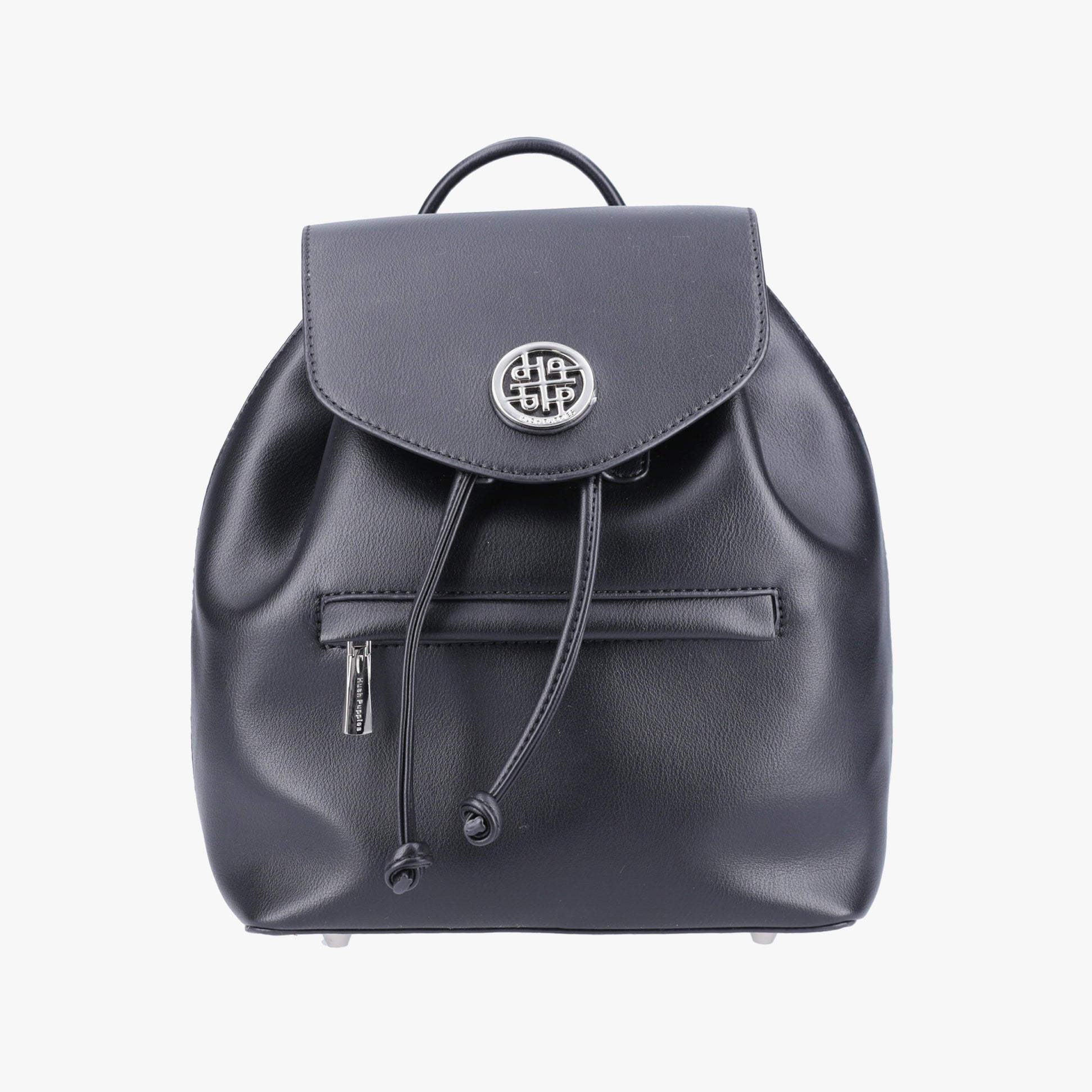 Hush Puppies MONA Womens Back Packs Black front view showing polyurethane material and adjustable strap.
